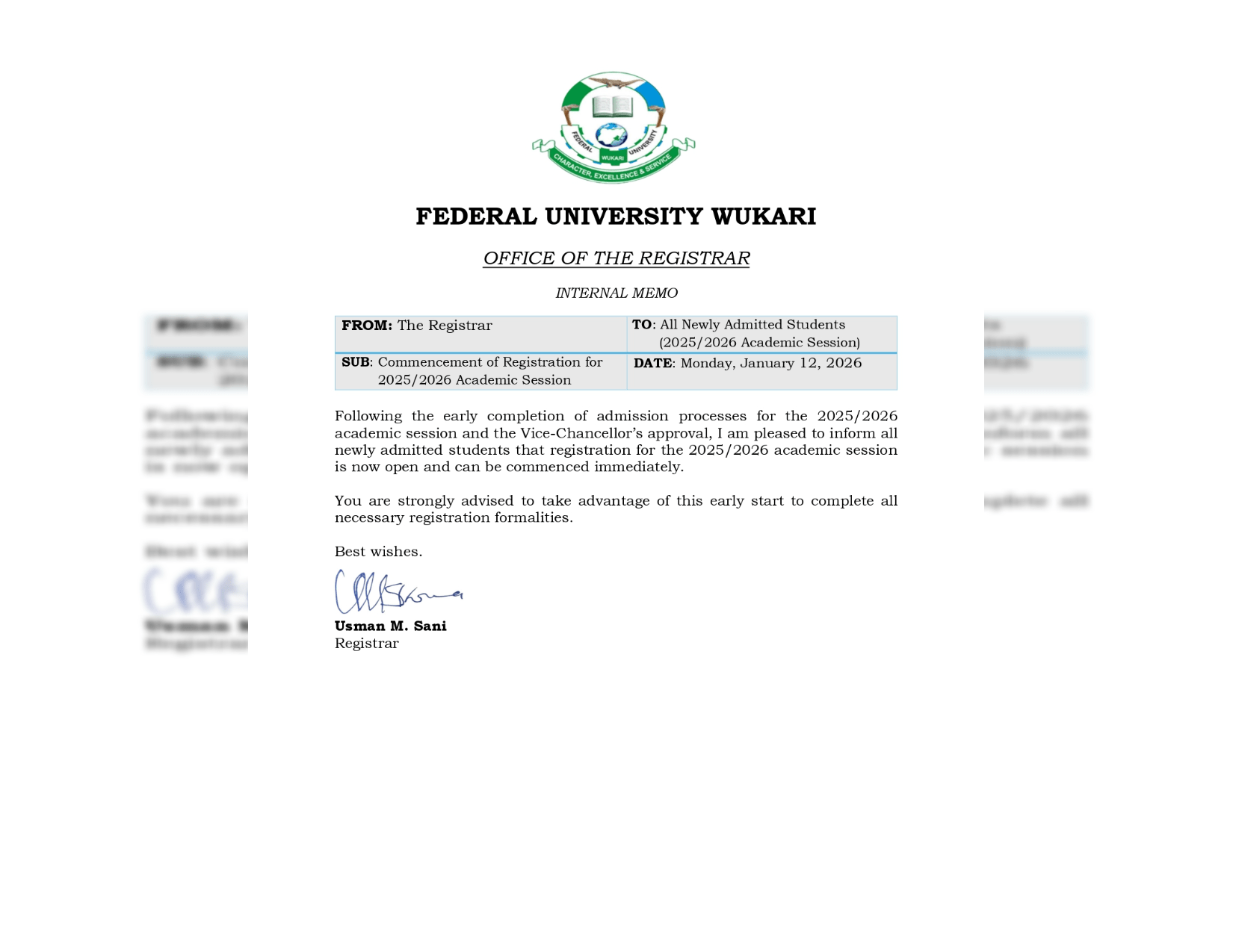 Internal Memo: Commencement of Registration for 2025/2026 Academic Session
